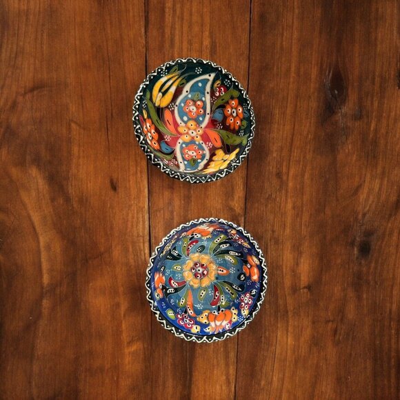 Vintage Hand Crafted Set 2 Bowls Mexico Mexican Pottery Hand Painted Fruit 3.25” - Picture 1 of 5